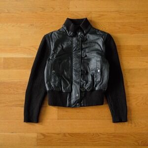 Brooklyn Bomber Black Faux Leather Knit Sleeve Bomber Jacket Women's Size S Y2K